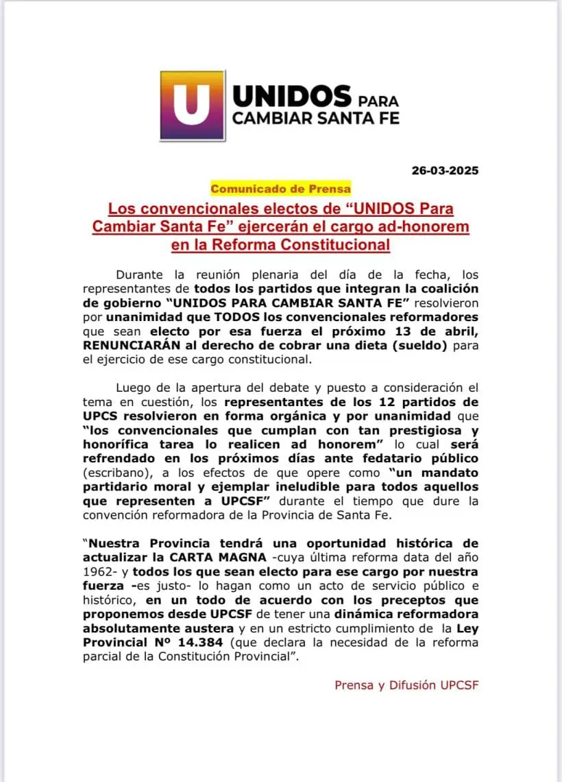 Convencionales electos de UNIDOS PARA CAMBIAR SANTA FE asumirán el cargo ad honorem en la reforma constitucional Convencionales electos de UNIDOS PARA CAMBIAR SANTA FE asumirán el cargo ad honorem en la reforma constitucional