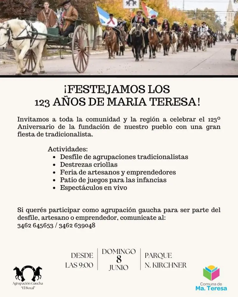 María Teresa invita a la región a celebrar su 123° aniversario con una gran fiesta tradicional