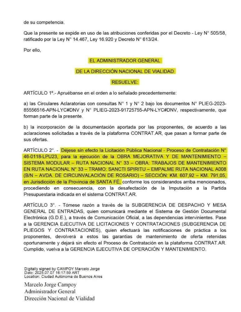 Nación dejó sin efecto la licitación de arreglos de la Ruta 33, fuerte repudio del gobierno santafesino Nación dejó sin efecto la licitación de arreglos de la Ruta 33, fuerte repudio del gobierno santafesino