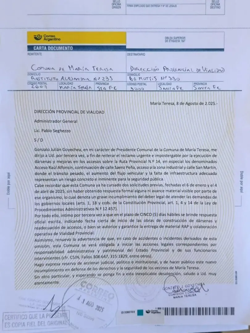 Tercera intimación a Vialidad Provincial: María Teresa advierte sobre riesgo vial en la Ruta 14 Tercera intimación a Vialidad Provincial: María Teresa advierte sobre riesgo vial en la Ruta 14