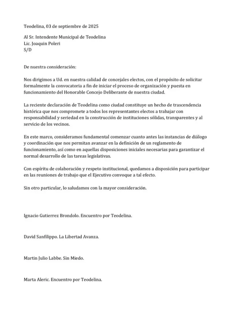 Teodelina: Concejales electos piden la convocatoria para poner en funcionamiento el Honorable Concejo Deliberante