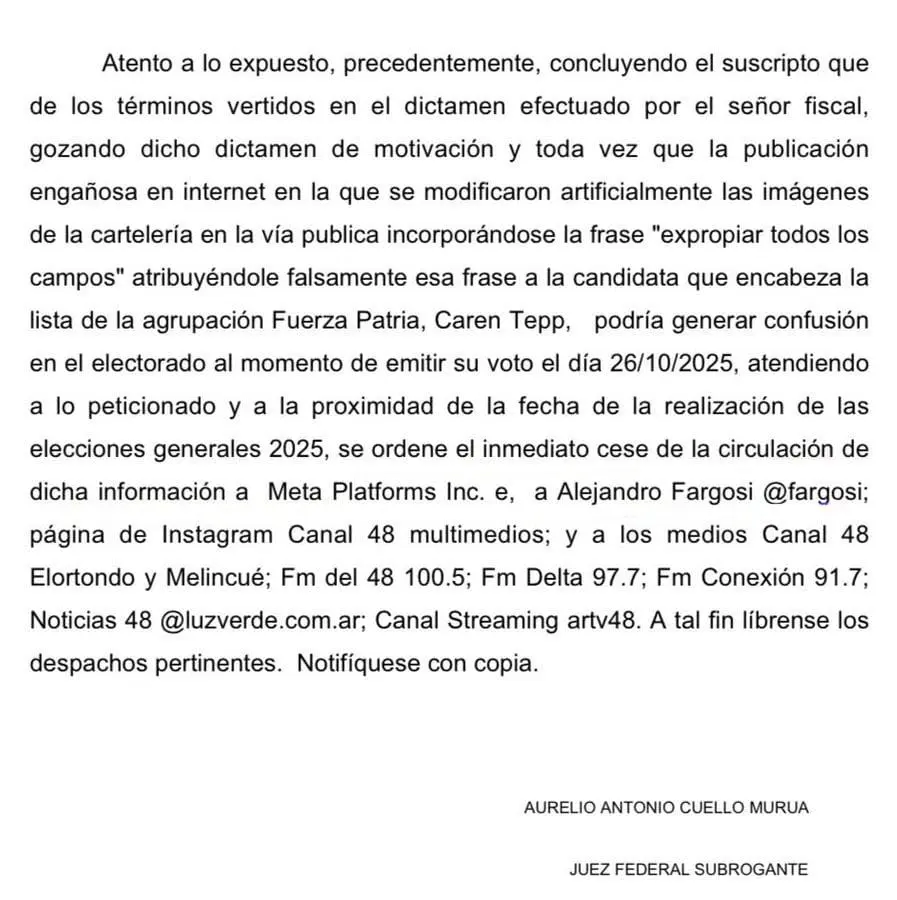 La justicia federal ordena detener la campaña sucia contra Caren Tepp