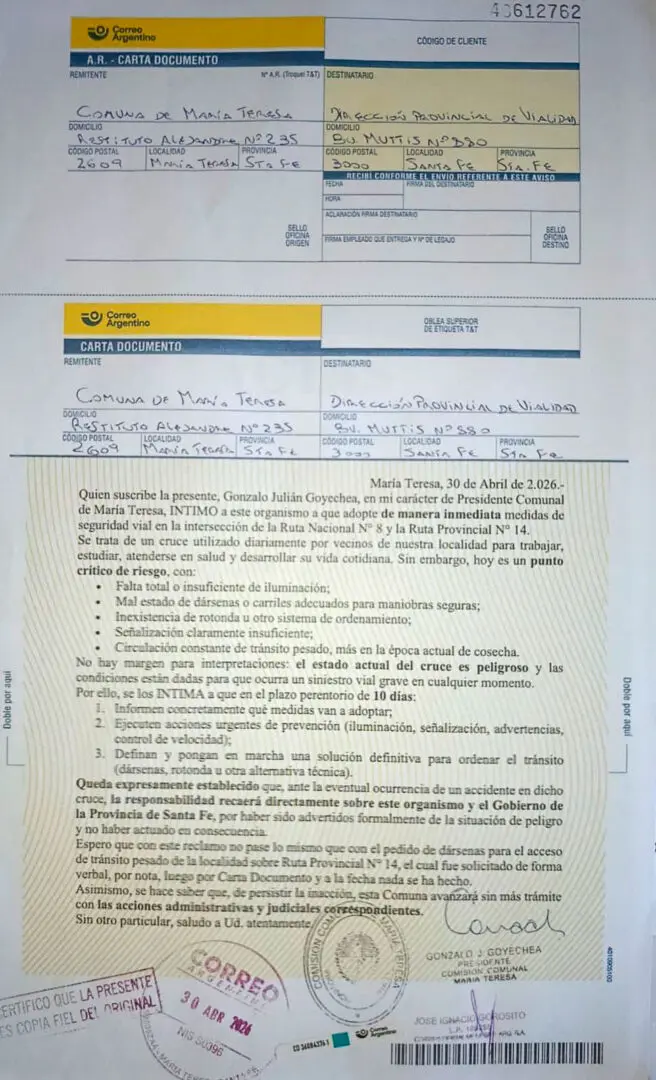 María Teresa intimó a Vialidad Provincial por el estado crítico del cruce de rutas 8 y 14