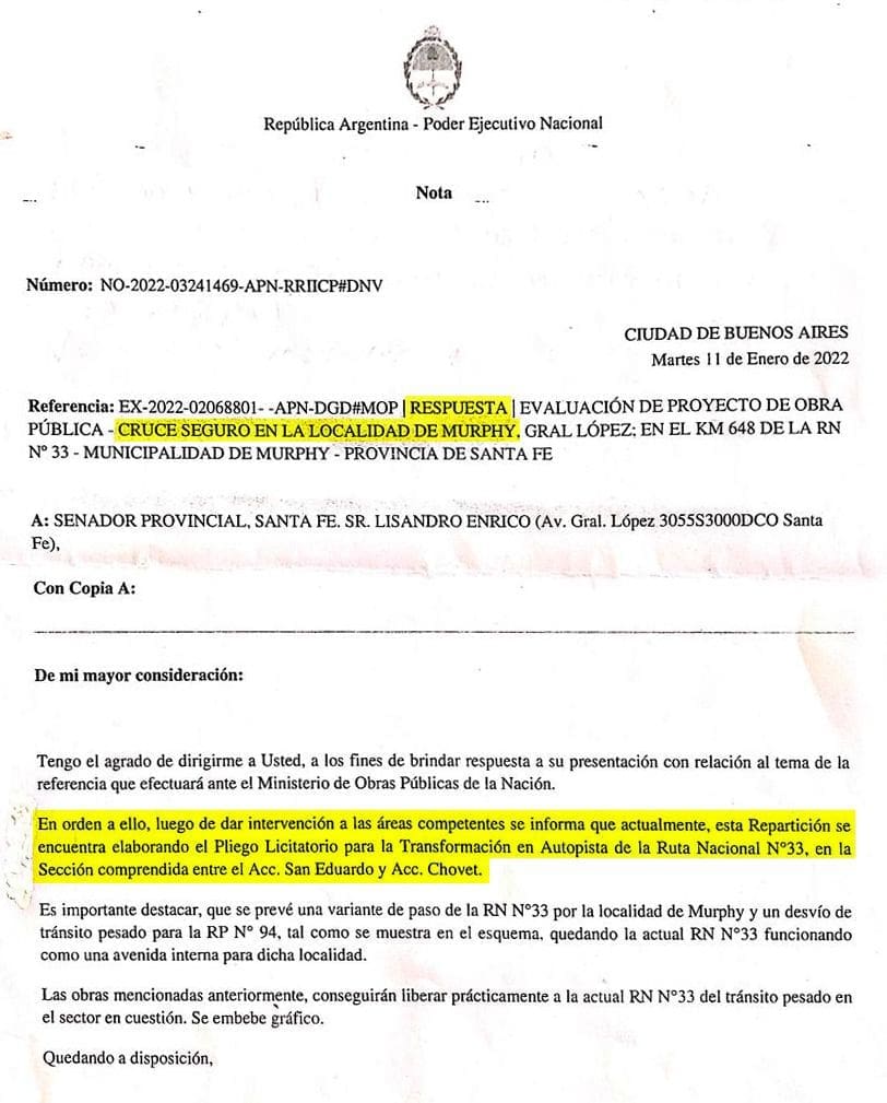 Murphy: Tras la respuesta del gobierno nacional, el senador Enrico insiste con soluciones en el cruce ferroviario