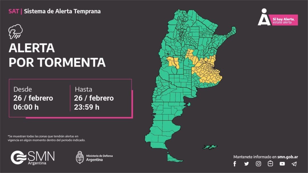 Alerta amarilla por tormentas para el sur provincial Alerta amarilla por tormentas para el sur provincial