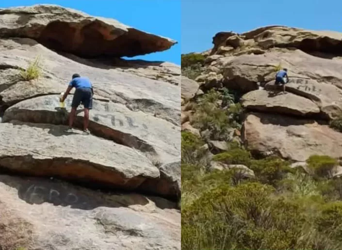 Un rosarino vandalizó el camino a Altas Cumbres y la policía de Córdoba lo obligó a limpiarlo