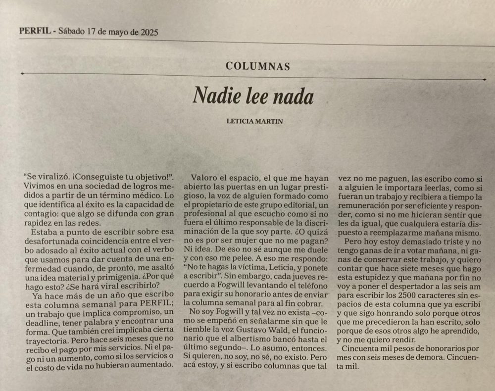 Nadie lee nada: La columna impaga de Leticia Martin