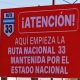 Firmat: Apareció un cartel advirtiendo la responsabilidad del estado de Ruta 33